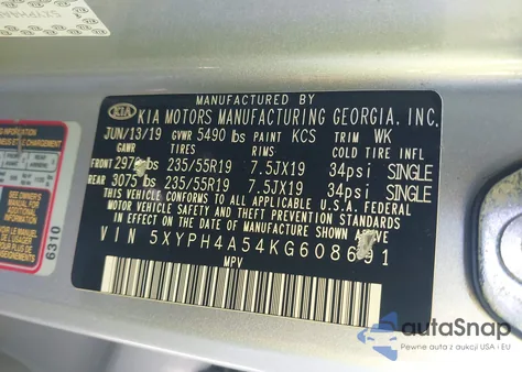 2019 Kia Sorento 3.3L Ex Sport from USA, damaged, VIN 5XYPH4A54KG608691